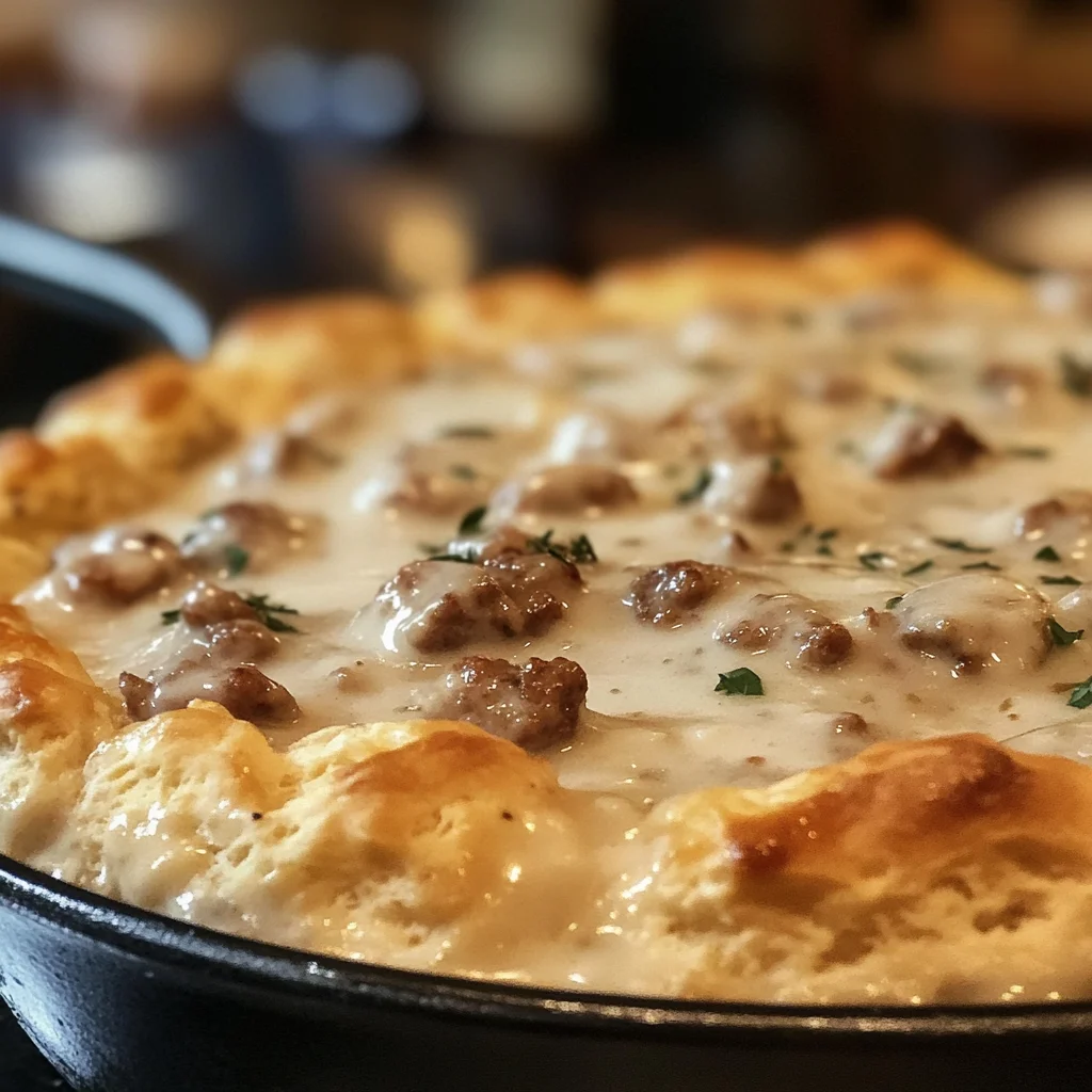 Sausage Gravy and Biscuit Pie cooking process