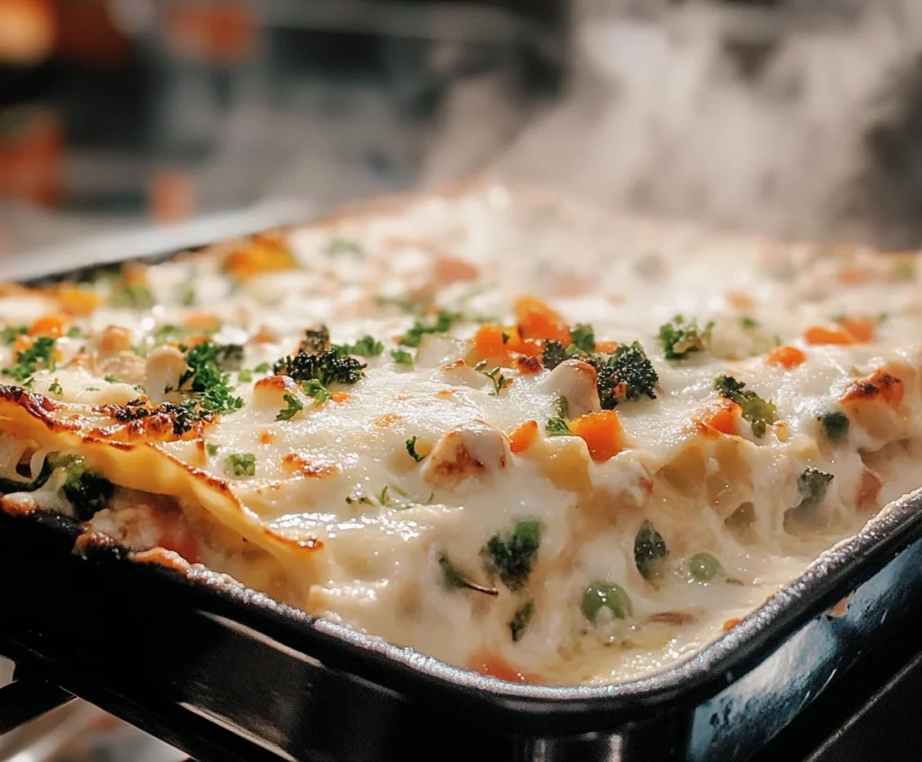 Vegetable lasagna with white sauce cooking