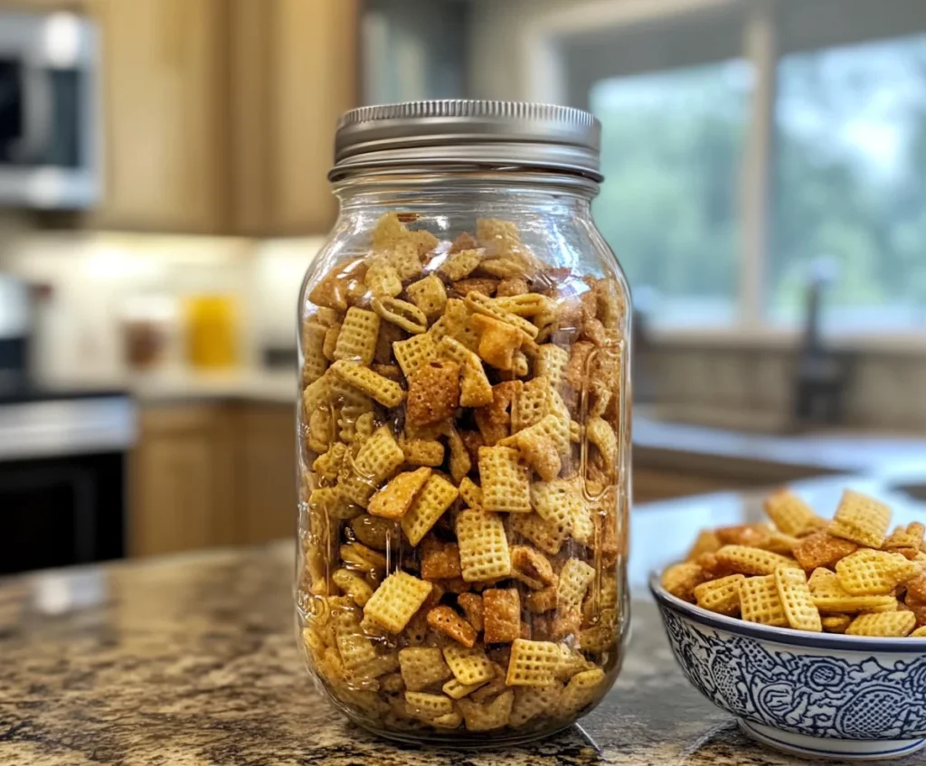 Chex Mix Recipe Oven: The Ultimate Guide to Crunchy, Flavor-Packed Homemade Snack 3 A jar of homemade Chex Mix stored for freshness.
