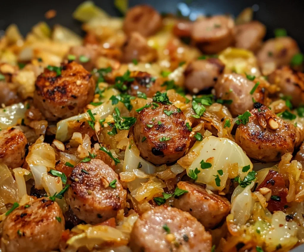 Cabbage and Sausage Recipe: A Rustic, Hearty Classic Reinvented 3 Cabbage and sausage cooking in a skillet, with herbs and garlic.