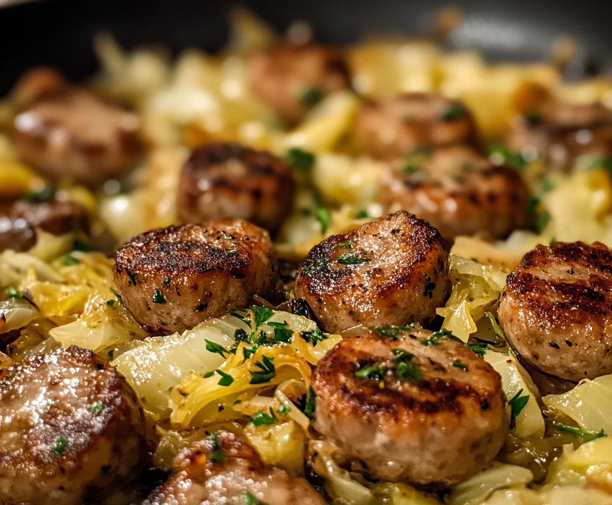 A rustic kitchen with a pot of cabbage and sausage being prepared.