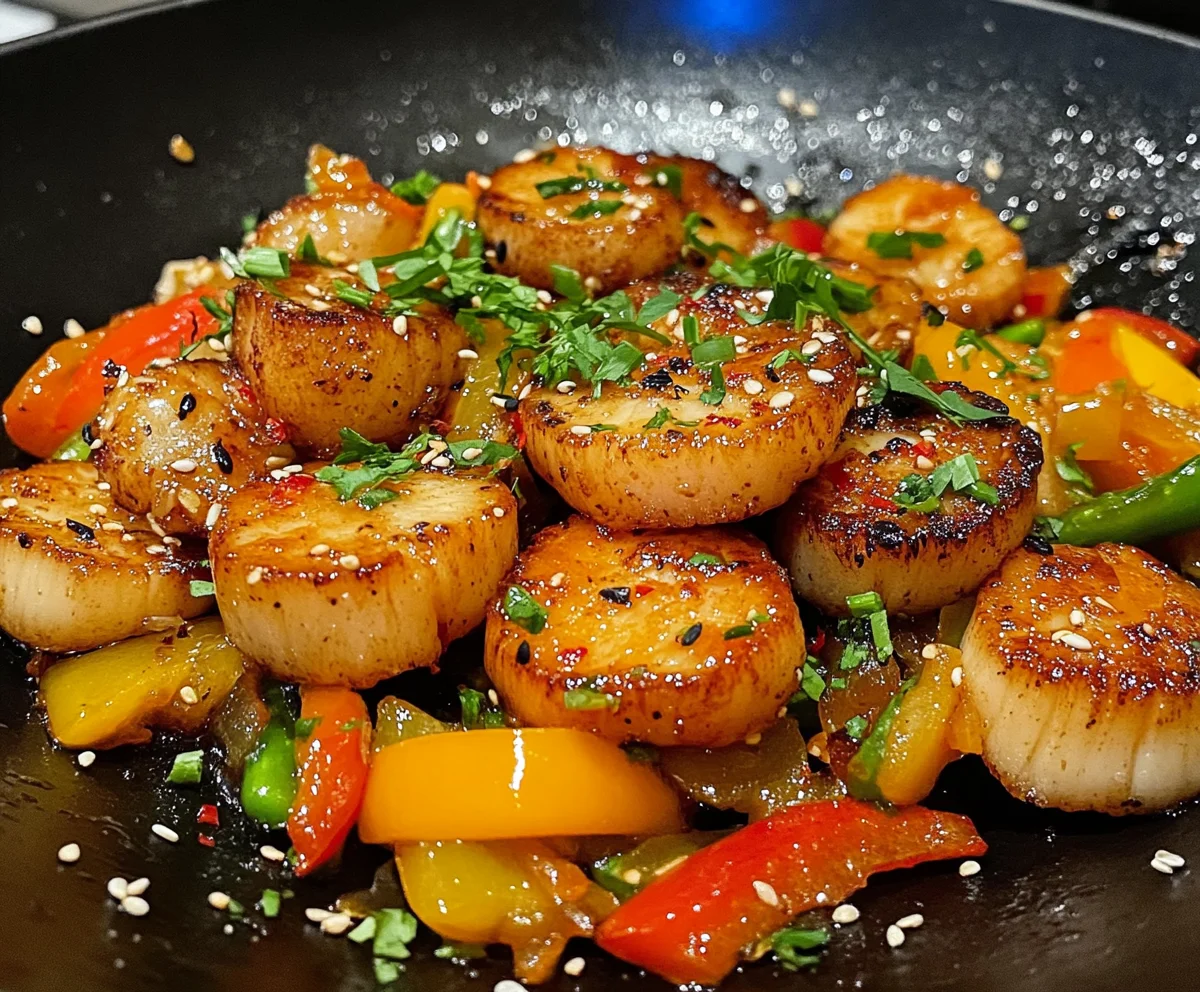 Fishcakes and scallops stir-fry served in a wok with colorful vegetables.