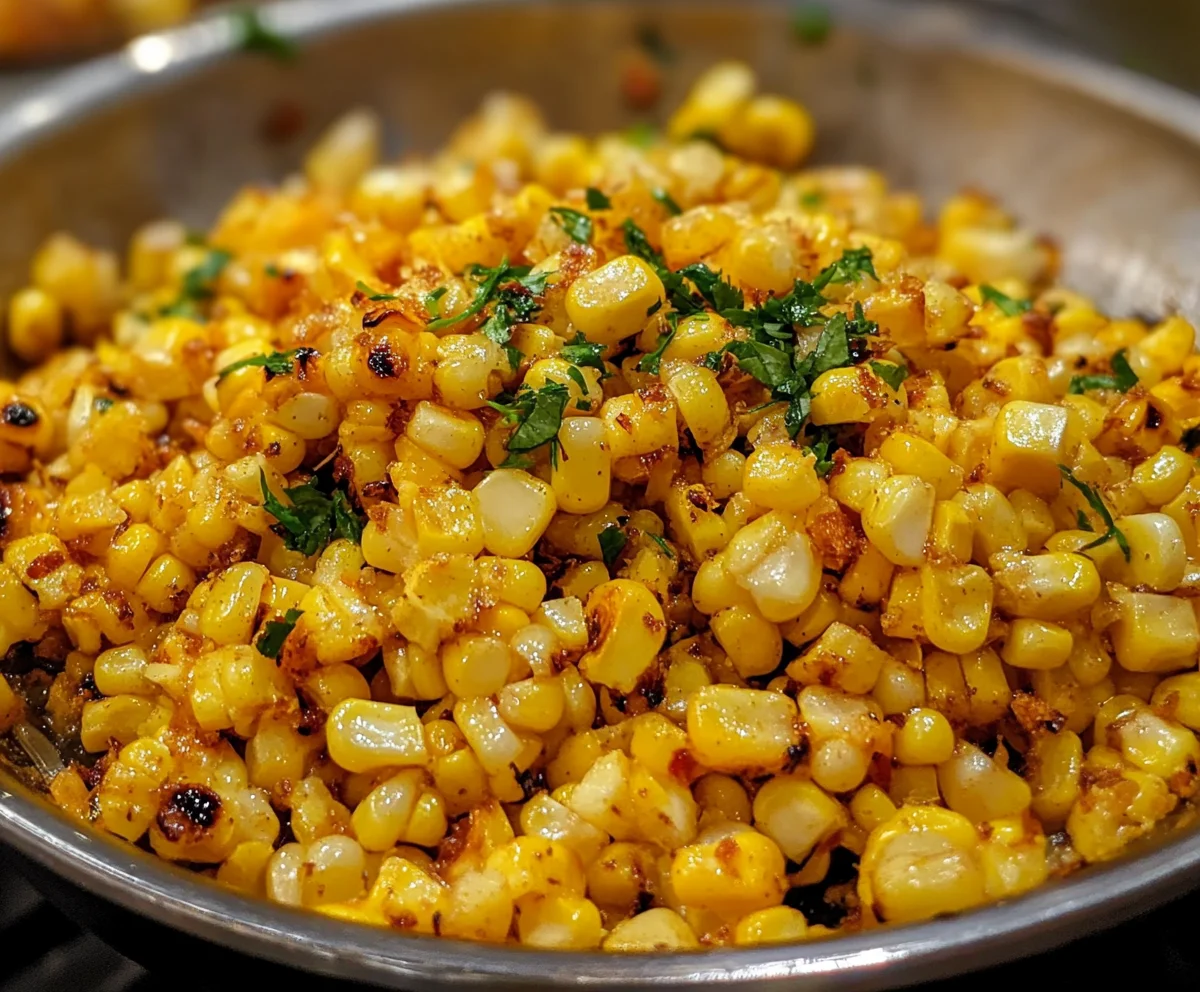A skillet of crispy, golden fried corn with butter and herbs.
