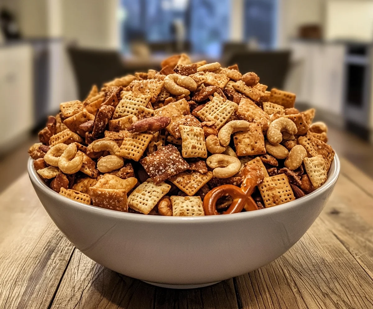 A bowl of homemade oven-baked Chex Mix with pretzels, nuts, and seasoning.