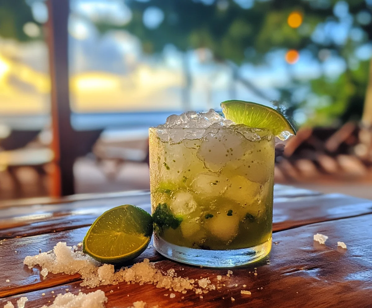 Muddling limes and sugar in a glass to make a Caipirinha cocktail.