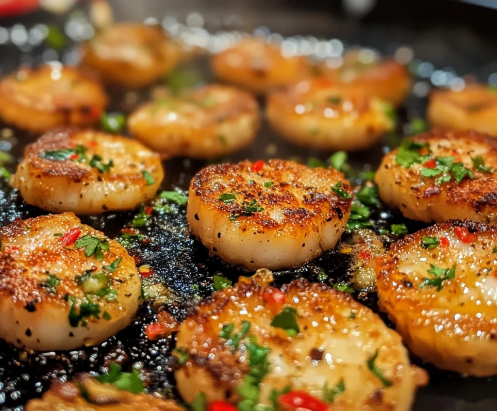 Fishcakes and Scallops Stir Fry Recipe: A Fast and Delicious Seafood Favorite 3 Golden-brown scallops and fishcakes searing in a pan.
