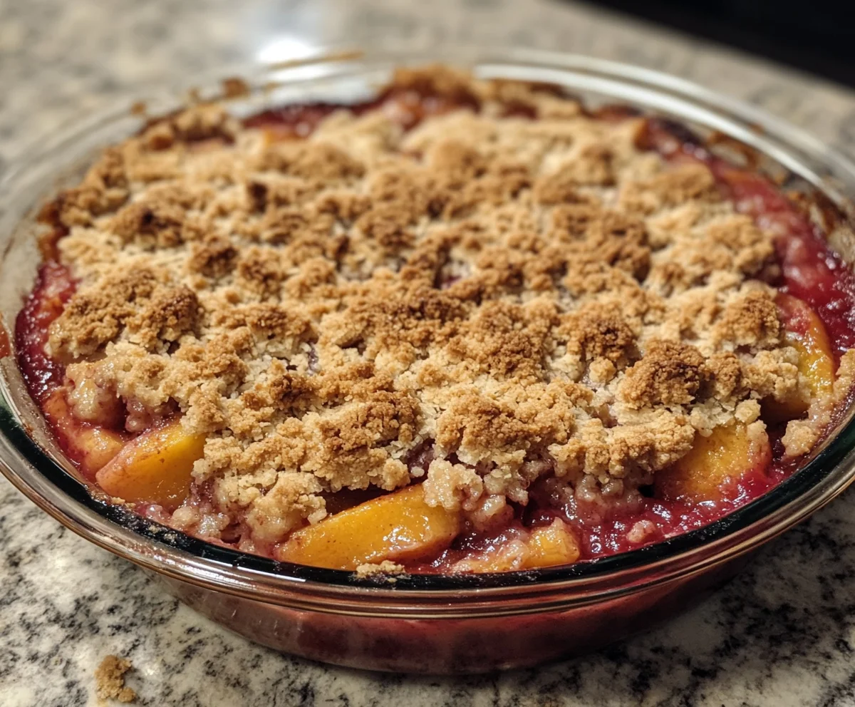 Unbaked peach crumble in a glass dish with sliced peaches and crumbly topping, ready to go into the oven