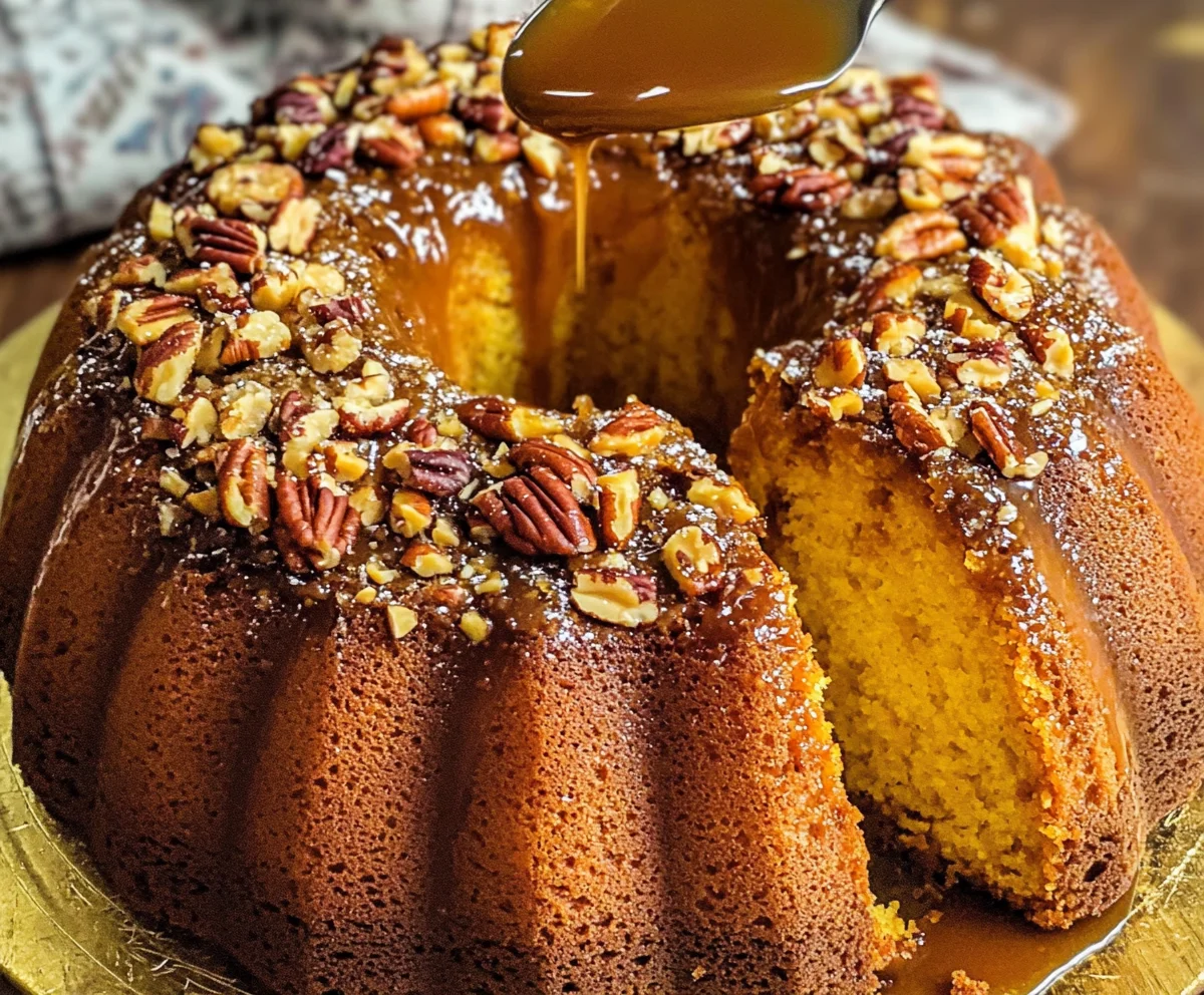 A festive Caribbean rum cake displayed on a tropical-themed dessert table, topped with dried fruits and powdered sugar.