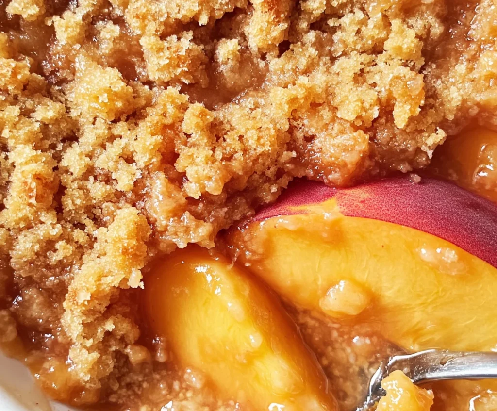 Peach Crumble Recipe – A Classic, Easy Dessert You’ll Love 2 Warm peach crumble served in a bowl with a scoop of vanilla ice cream melting on top, garnished with a mint leaf