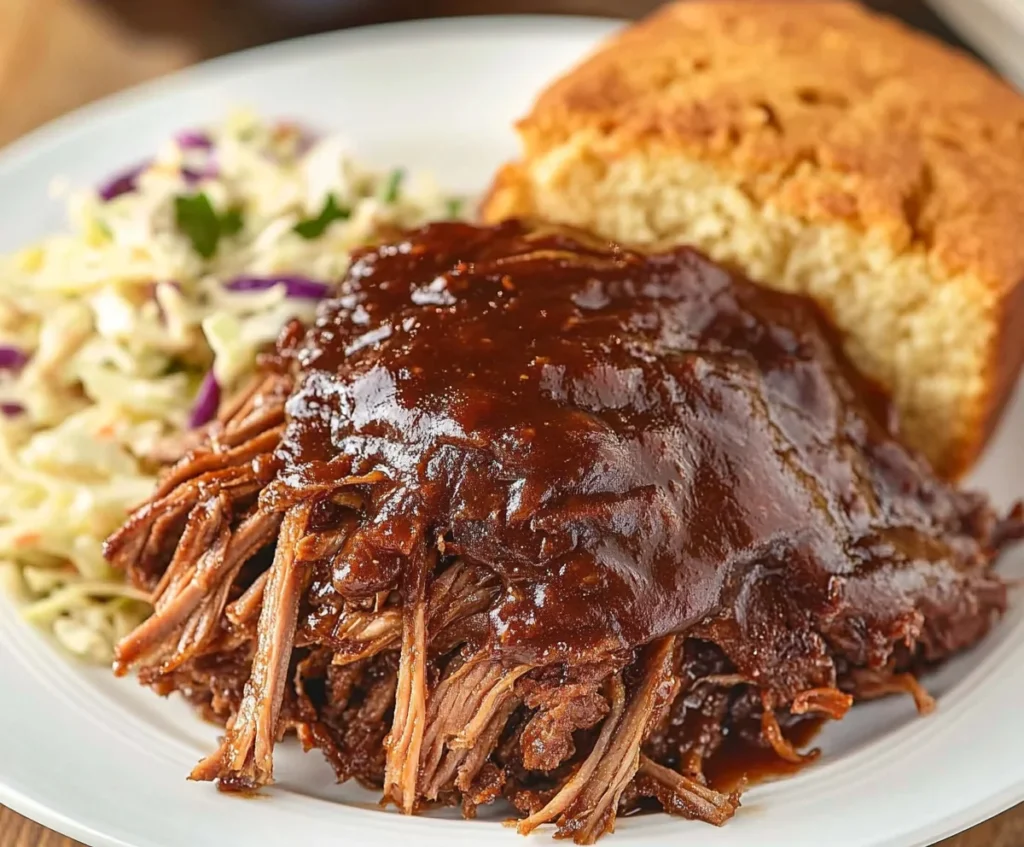 A delicious plate of Instant Pot BBQ Beef served with cornbread and coleslaw.