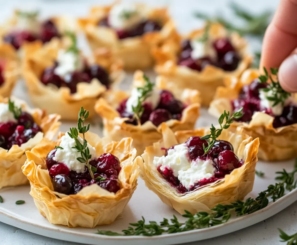 Thanksgiving appetizer platter with cranberry phyllo cups topped with goat cheese and herbs.