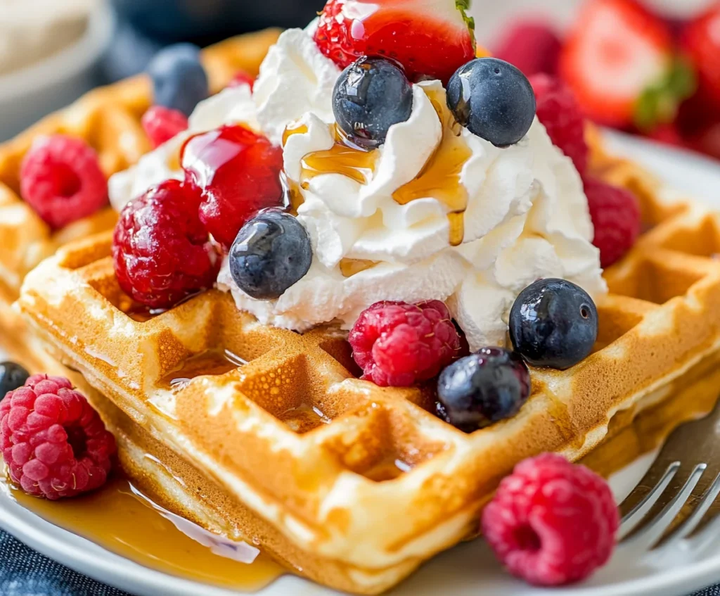 Bisquick Waffle Recipe: Quick, Easy, and Perfect Every Time 3 Bisquick waffles topped with whipped cream, syrup, and fresh berries.
