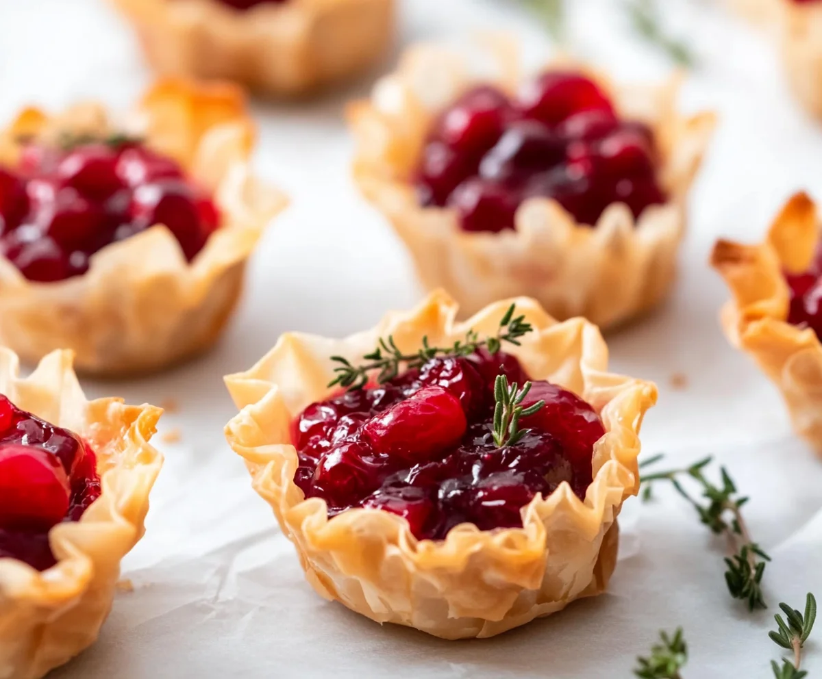 Cranberry-filled phyllo cups with fresh herbs, a perfect Thanksgiving appetizer.