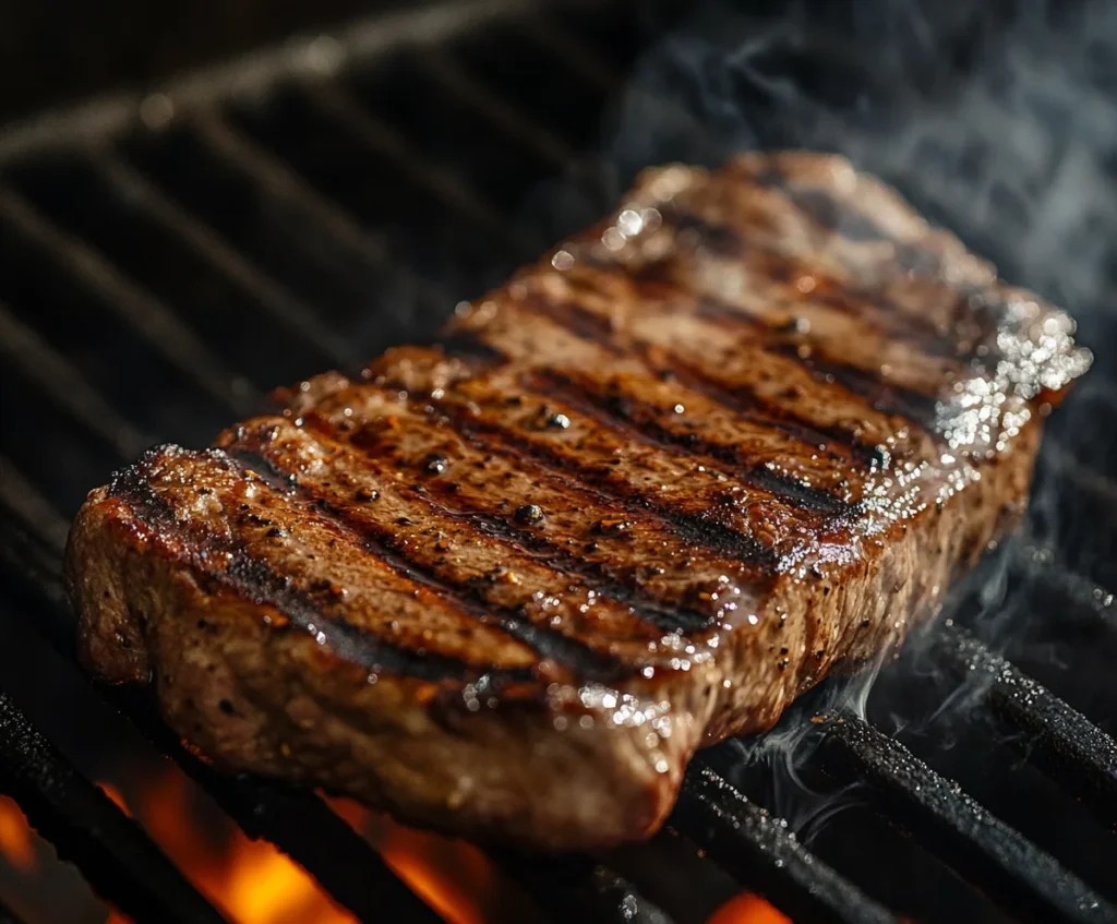 Chipotle Steak Recipe: How to Make Delicious Steak Like Chipotle 2 A steak grilling on a barbecue with sear marks and smoke rising.