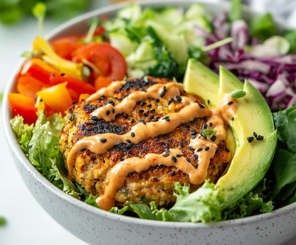 Burger Bowl Recipe: A Delicious, Low-Carb Take on the Classic Burger 4 Healthy burger bowl with turkey patty, avocado, vegetables, and light homemade sauce.