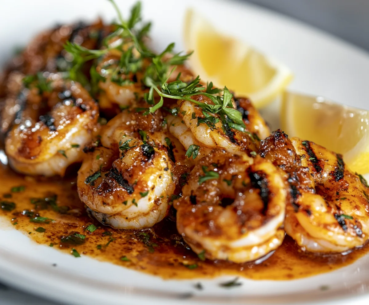 A plate of grilled BBQ shrimp with lemon wedges and fresh herbs.