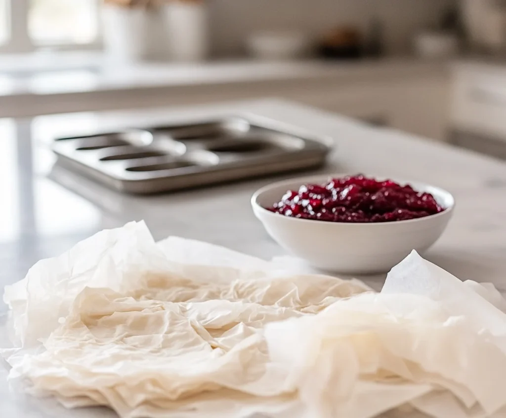 Step-by-step images of homemade phyllo cups being made from phyllo dough.