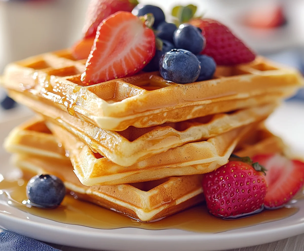 A stack of golden, fluffy Bisquick waffles with syrup and fresh fruit on top.