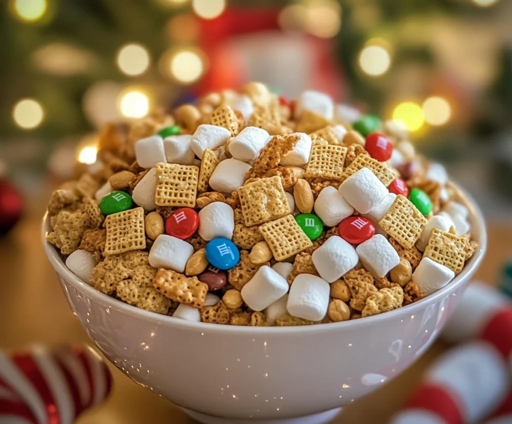 White Trash Recipe: The Ultimate Sweet & Salty Snack Mix You’ll Crave 3 A festive bowl of White Trash snack mix with sweet and salty ingredients.
