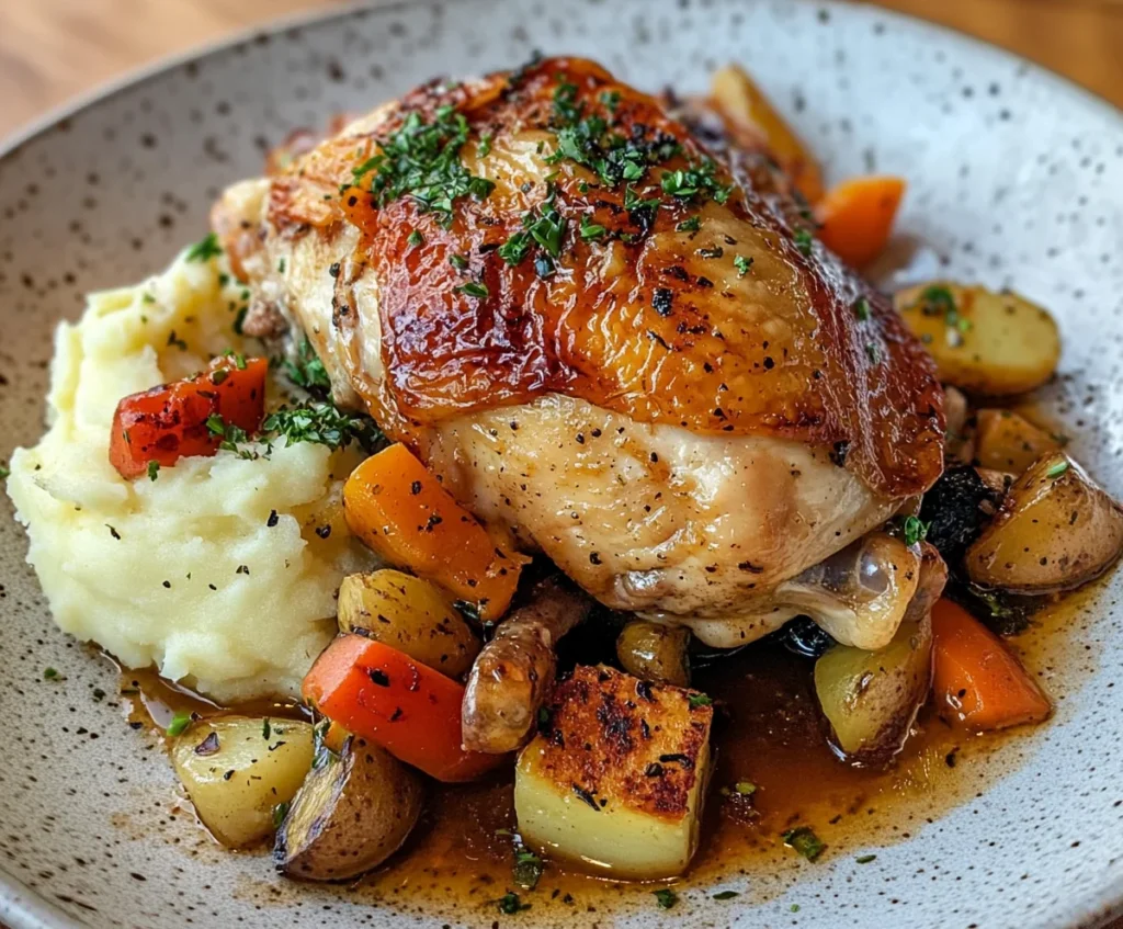 Braised Chicken in the Oven with Crispy Skin Recipe: Tender Meat, Golden Skin, Unforgettable Flavor 3 A plate of tender braised chicken with crispy, golden skin, served alongside creamy mashed potatoes and a medley of roasted vegetables.