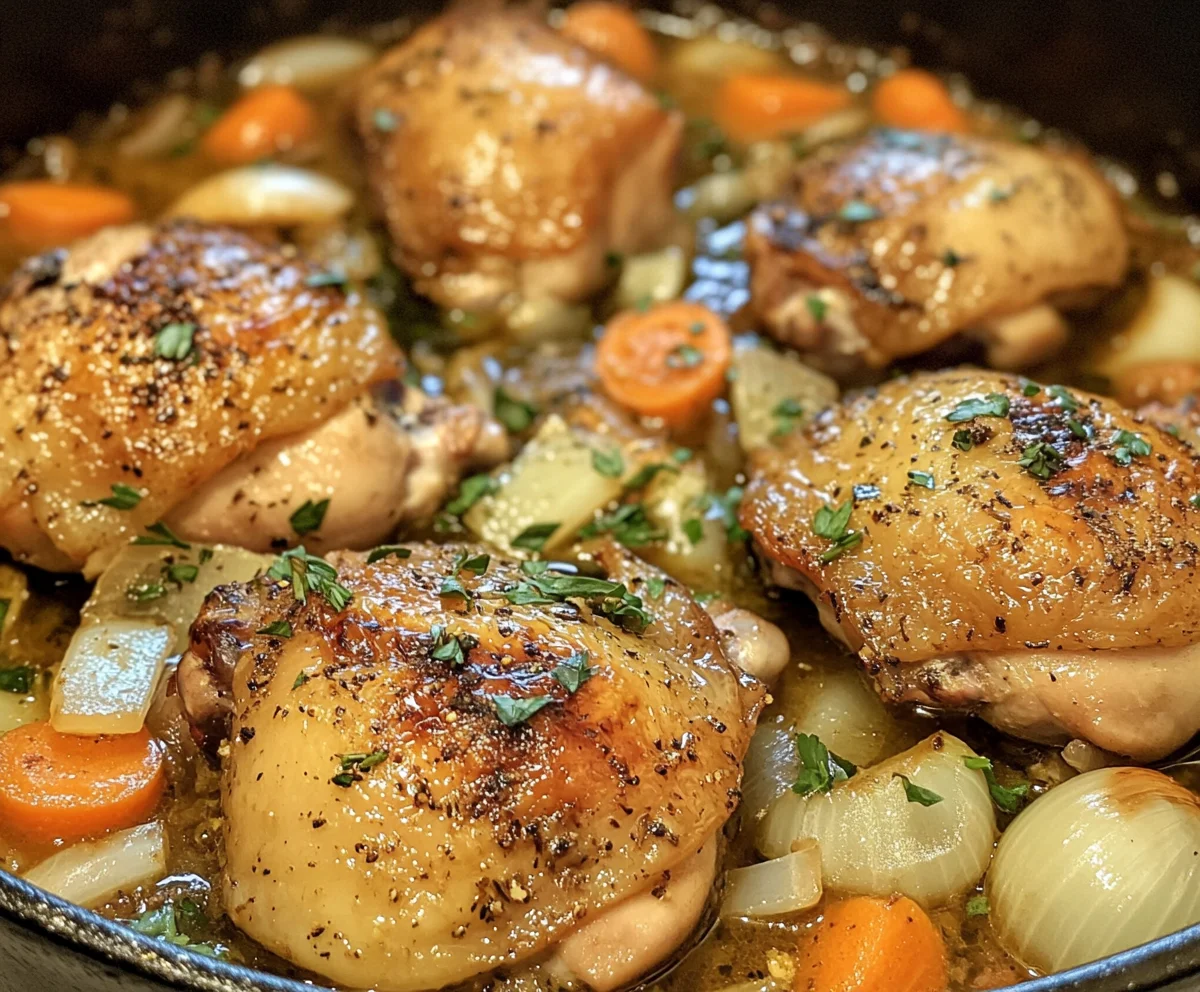 Braised chicken with crispy skin served with roasted vegetables.