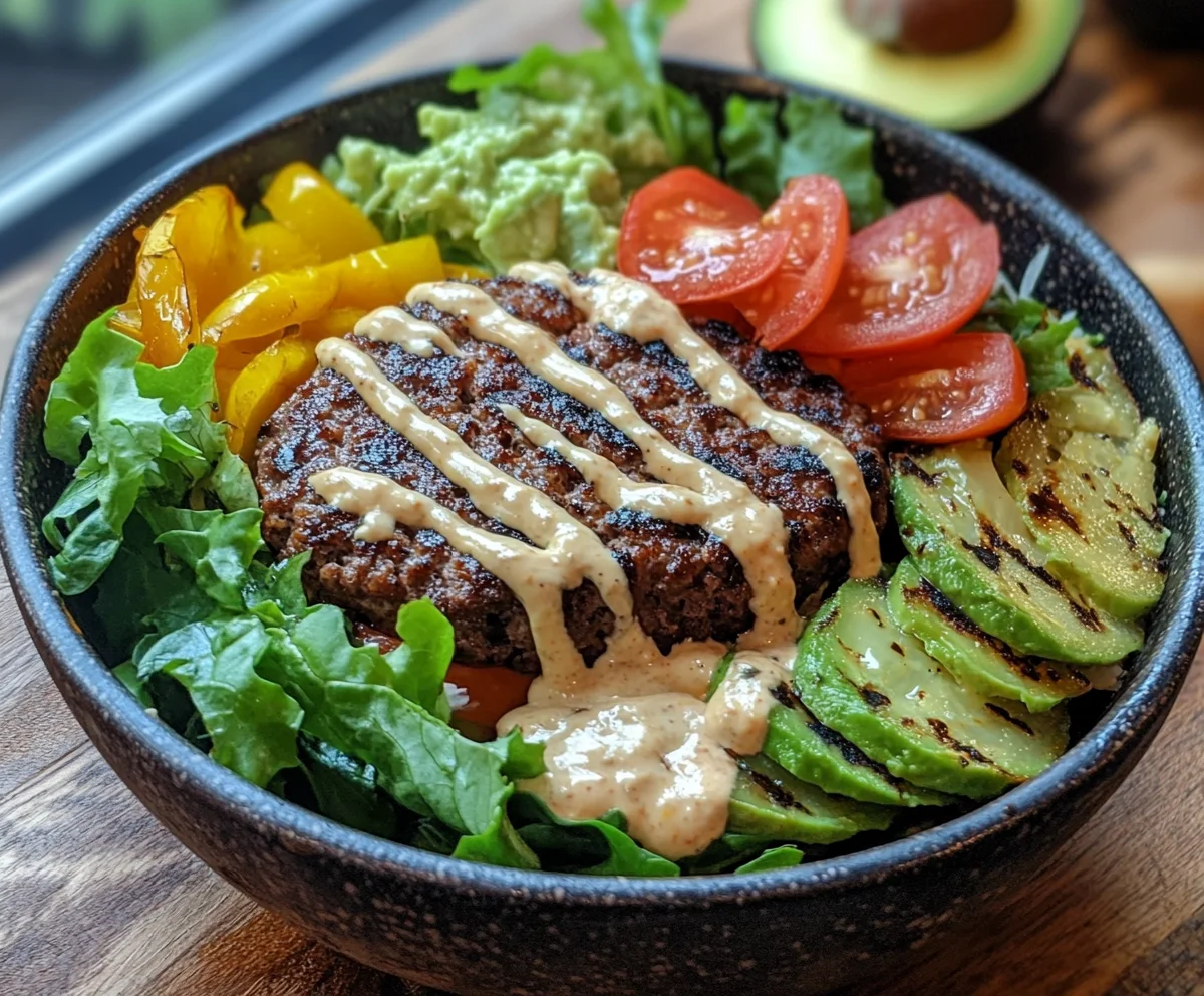 Delicious burger bowl with fresh ingredients, juicy beef patty, and creamy burger sauce.