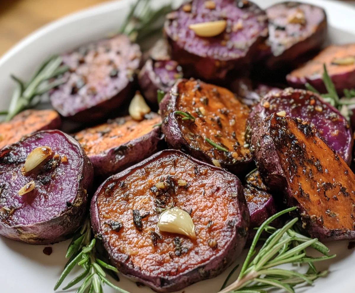 Roasted purple sweet potatoes with garlic and herbs on a white plate.