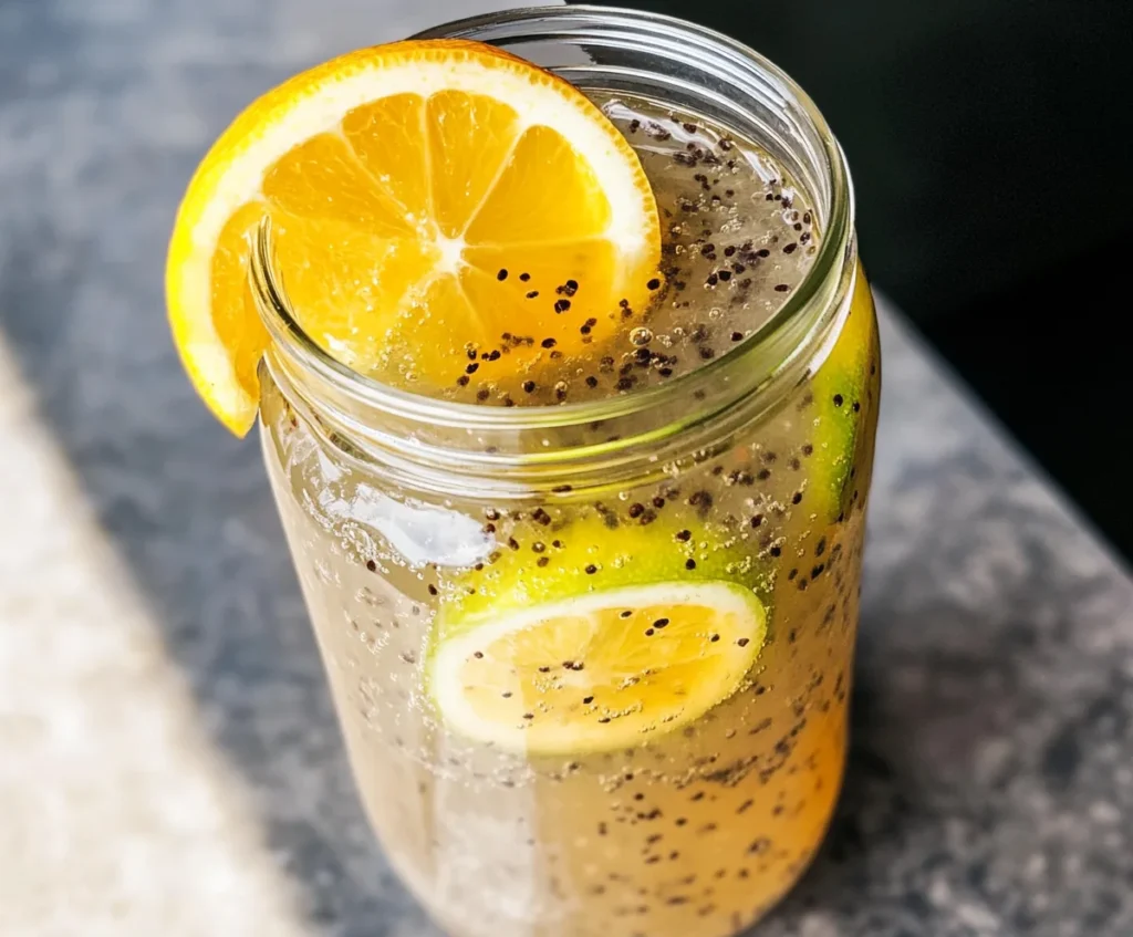 A mason jar of lemon chia water with grapefruit and lemon in the background.