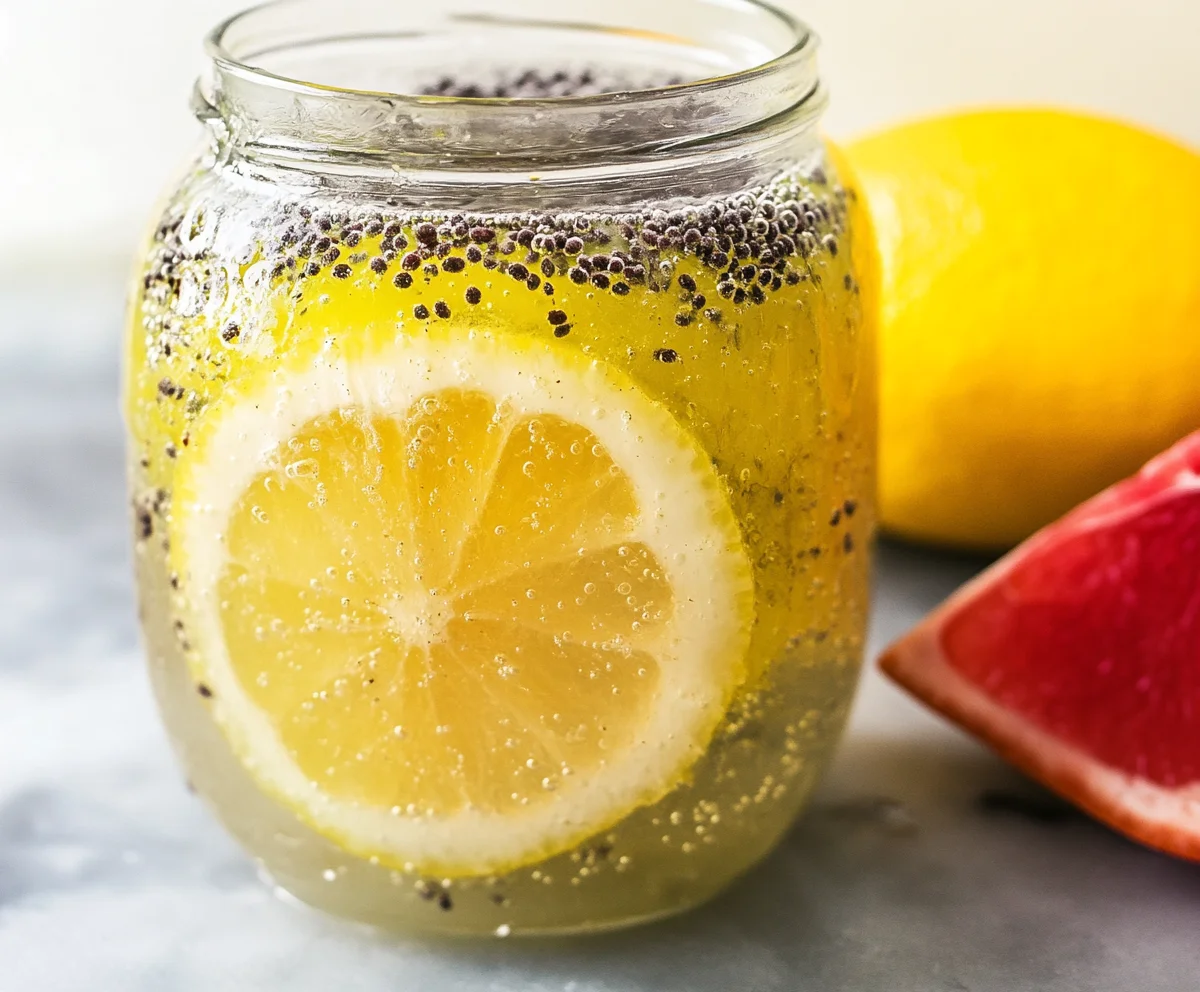 A glass jar filled with chia water infused with lemon and lime slices.