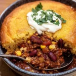 A serving of Cornbread Topped Chili Pie with sour cream, cilantro, and Mexican rice on the side.