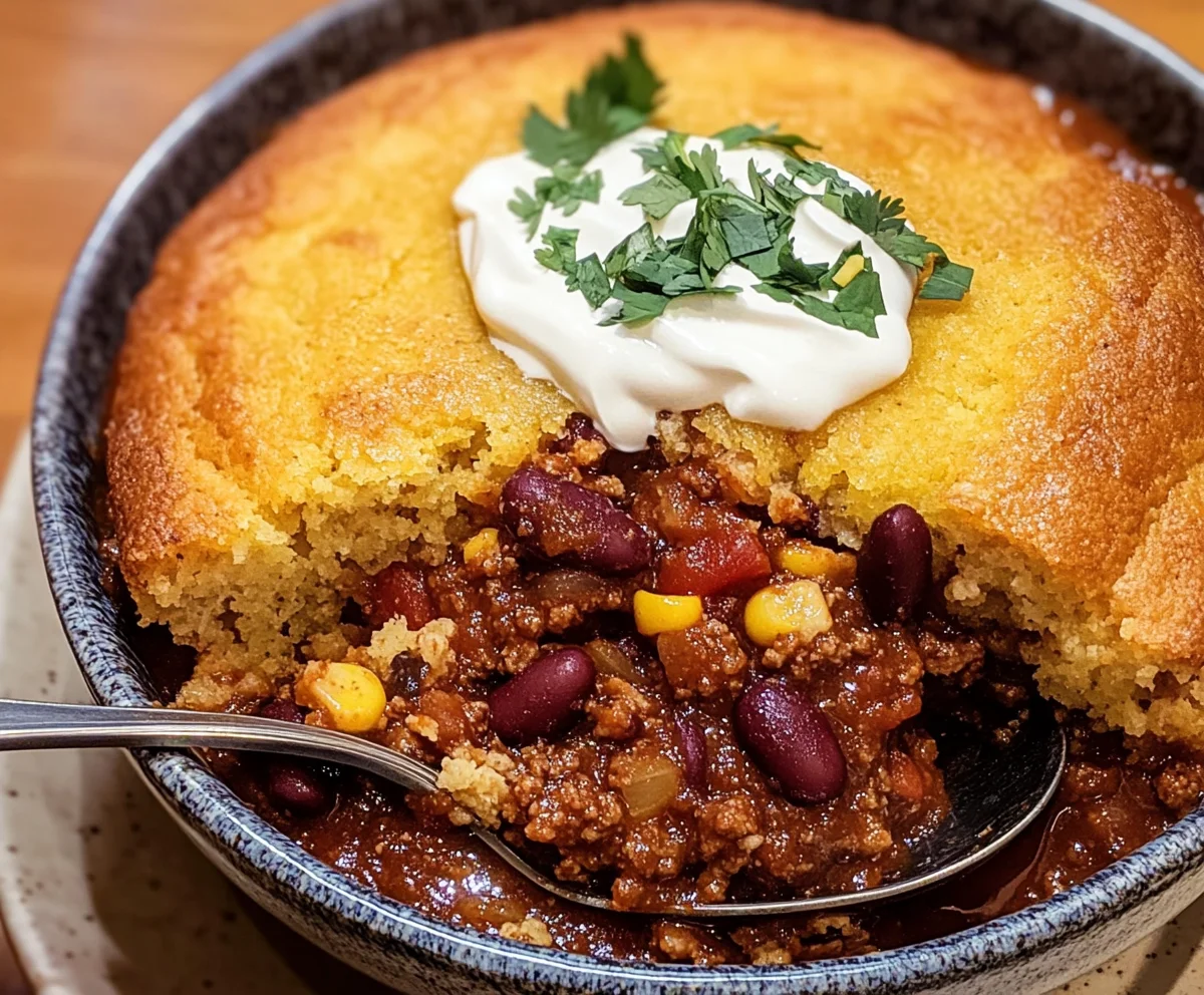 A serving of Cornbread Topped Chili Pie with sour cream, cilantro, and Mexican rice on the side.