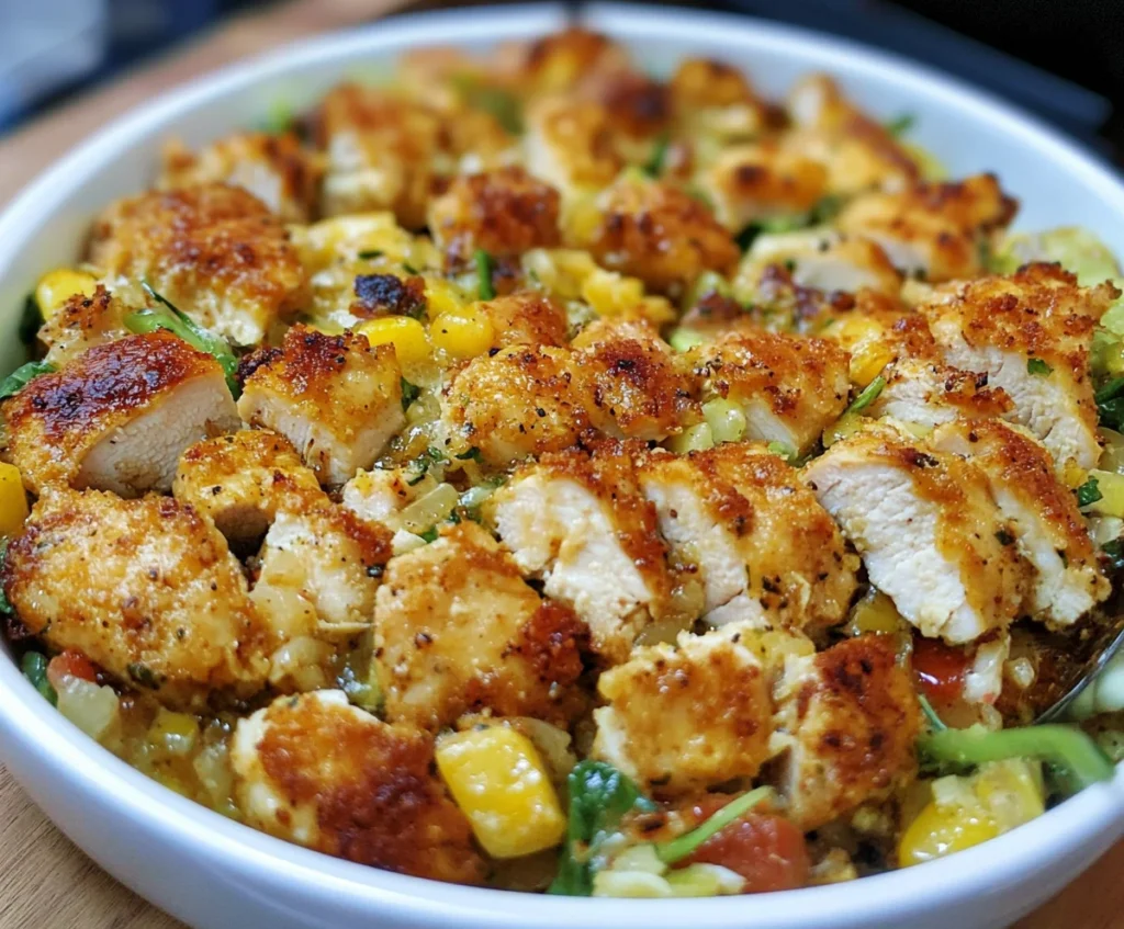 Chicken and dressing baking in the oven with a golden crispy top.