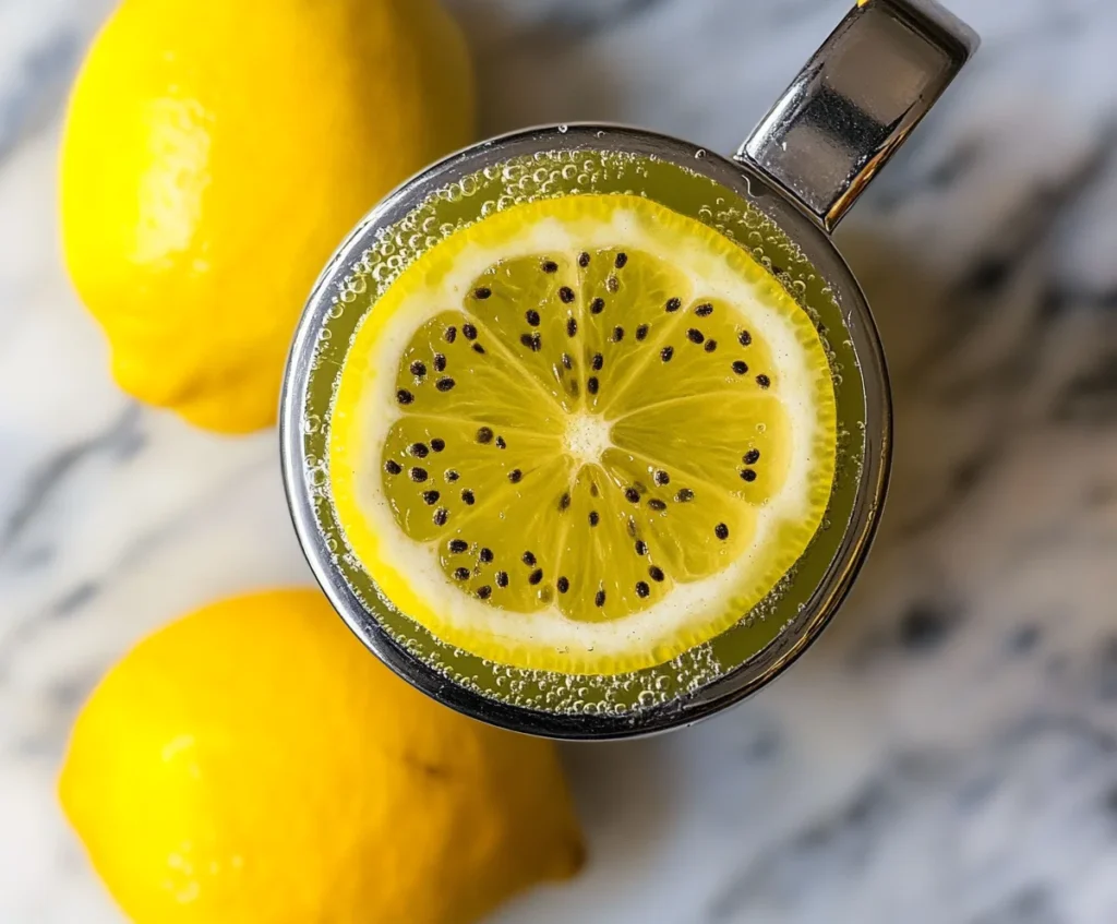 A top-down view of a glass of chia water with a floating lemon slice.