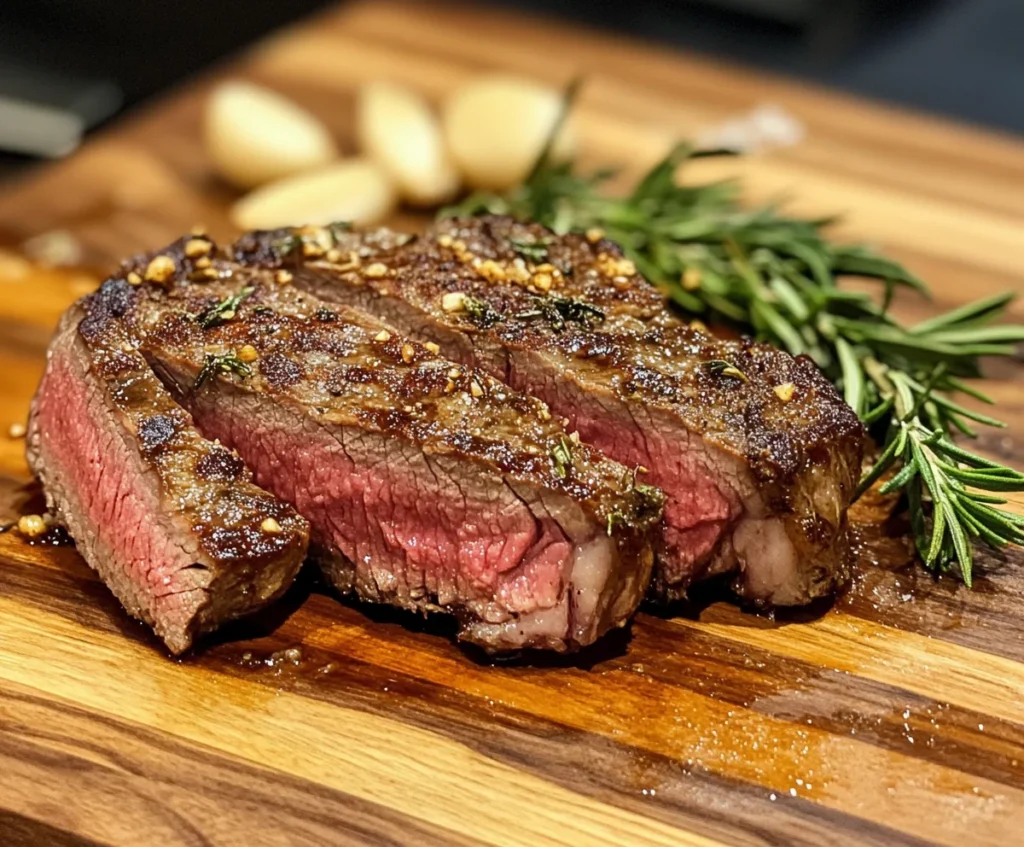 Juicy, medium-rare ribeye roast on a wooden board.