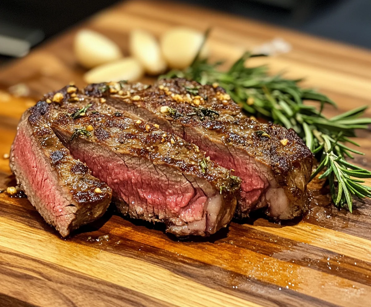 Juicy, medium-rare ribeye roast on a wooden board.