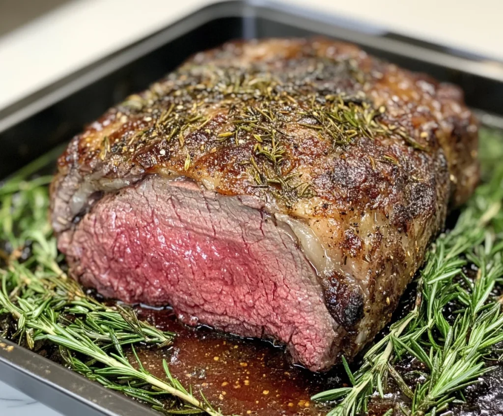 Searing a ribeye roast in a pan to create a golden-brown crust.