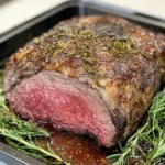 Searing a ribeye roast in a pan to create a golden-brown crust.