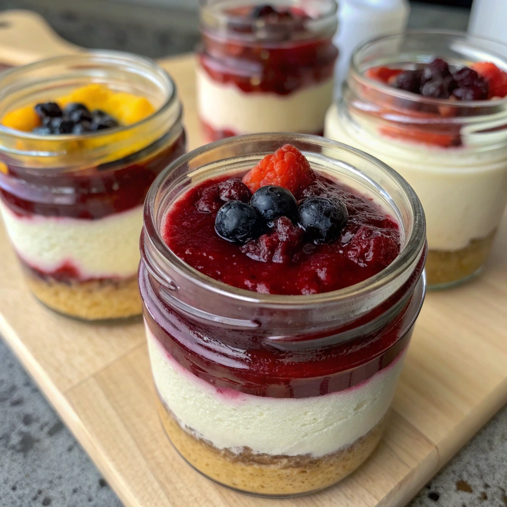 High-Protein Cheesecake Jars with fresh berries and granola