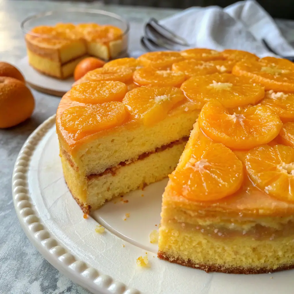 Mandarin orange cake recipe on rustic wooden table with citrus topping