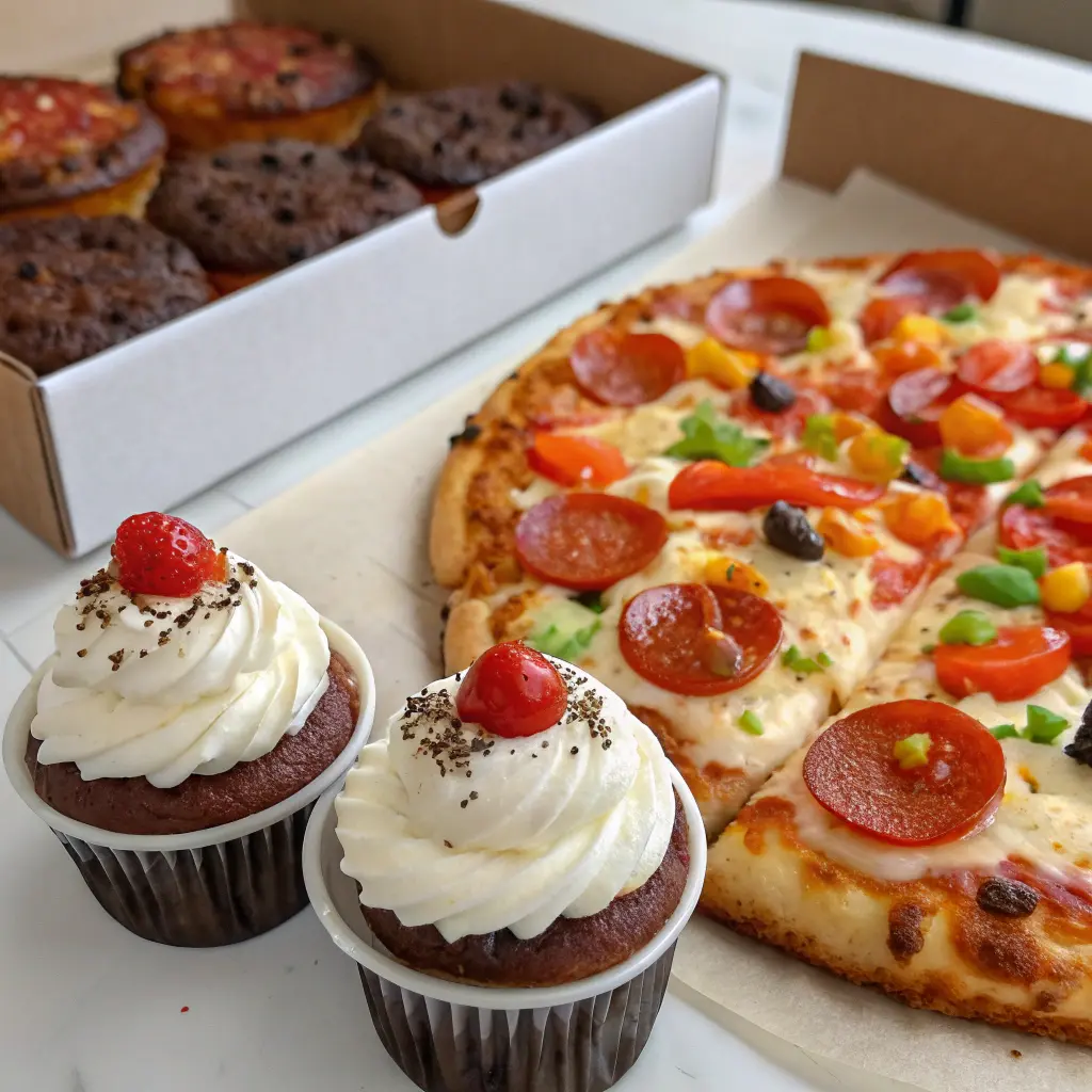 Freshly baked pizza cupcakes on a wooden table