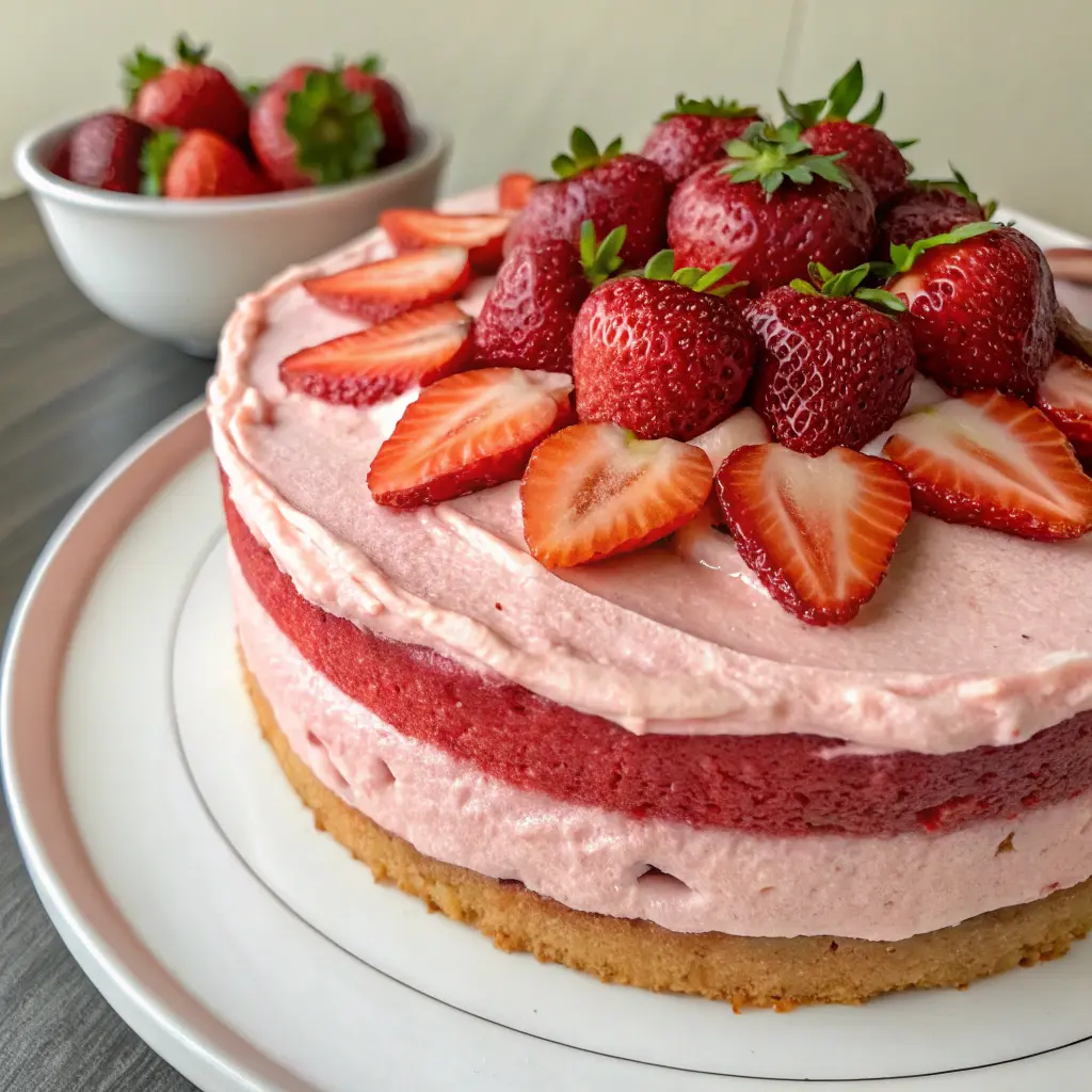 Simple No Sugar No Flour Strawberry Cake Recipe on rustic wooden table