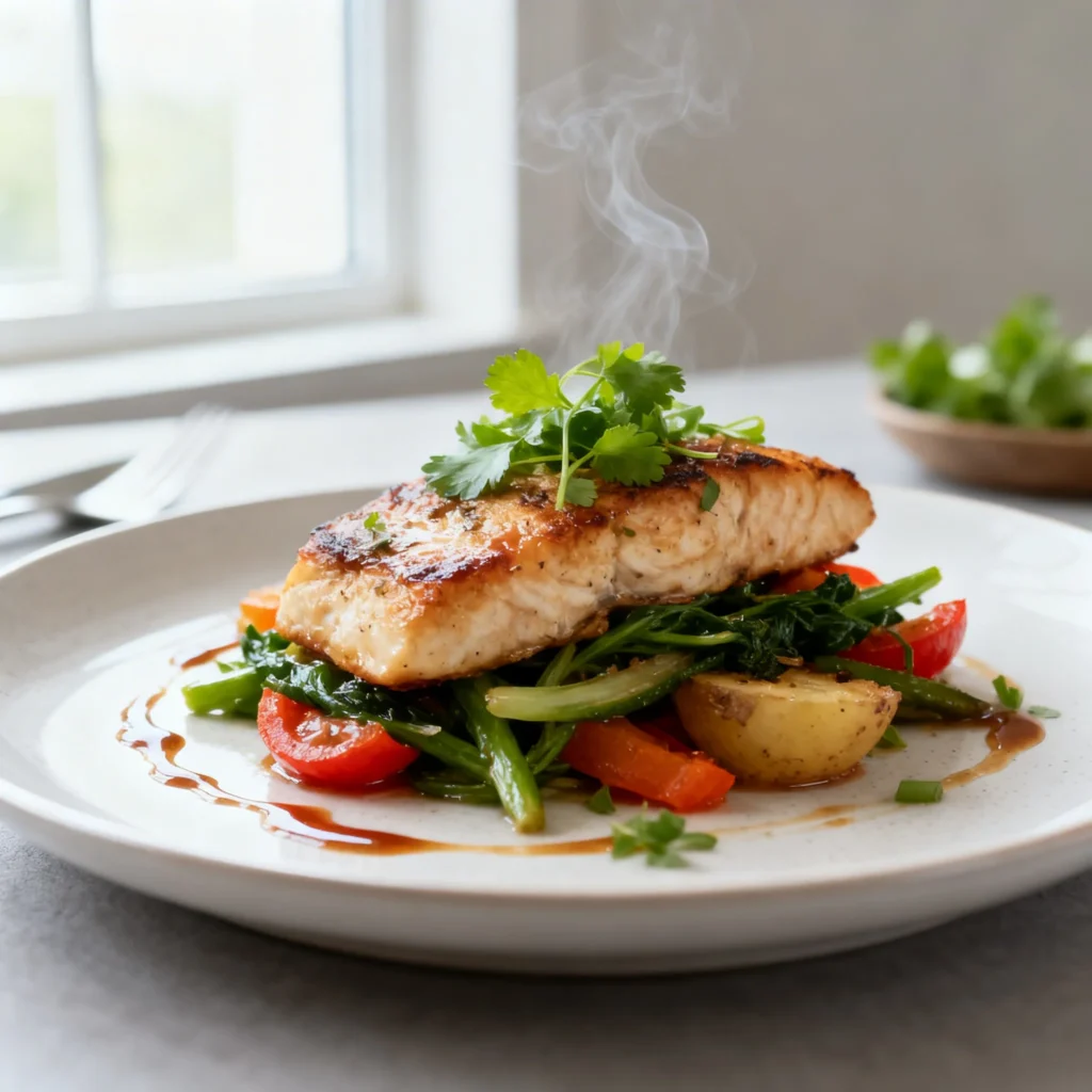 creation 2497552938 - Healthy 30-Minute Dinner: Grilled Salmon on Sautéed Greens